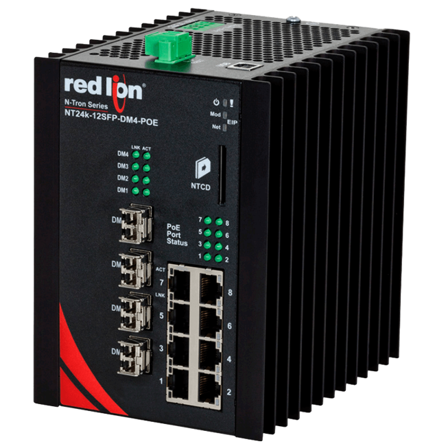 Red Lion Industrial PoE+ Switch, NT24k-12SFP-DM4-POE